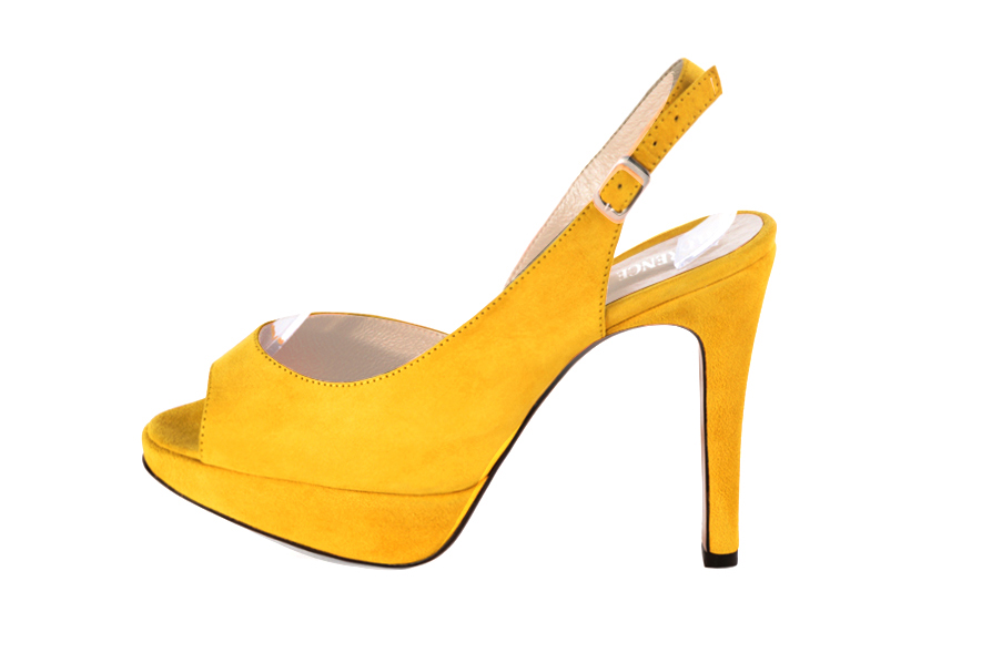 Dress heels peep-toe slingback in yellow leather with high slim heels with a platform at the front and round toe - Profile view